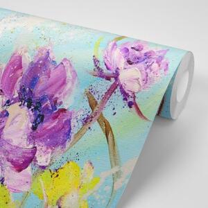 Samolepiaca tapeta maľované fialové a žlté kvety - 450x300