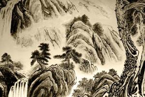 Obraz čínska krajinomaľba v sépiovom prevedení - 60x40