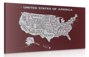 Obraz náučná mapa USA s bordovým pozadím - 90x60