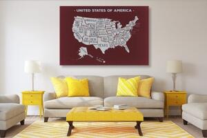 Obraz náučná mapa USA s bordovým pozadím - 60x40