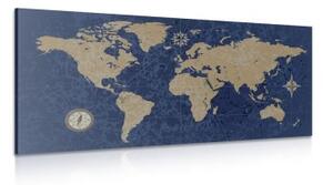 Obraz mapa sveta s kompasom v retro štýle na modrom pozadí - 100x50