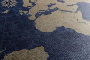 Obraz mapa sveta s kompasom v retro štýle na modrom pozadí - 100x50