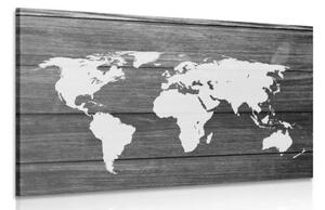 Obraz čiernobiela mapa sveta s dreveným pozadím - 120x80