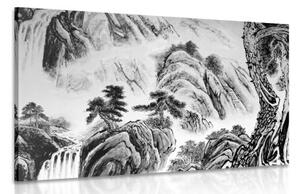 Obraz čínska krajinomaľba v čiernobielom prevedení - 120x80