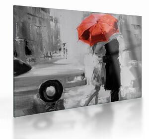 Sklenený obraz - Zamilovaný pár pod dáždnikom, červený (70x50 cm)