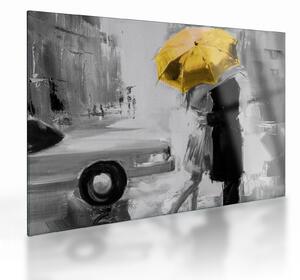Sklenený obraz - Zamilovaný pár pod dáždnikom, žltý (70x50 cm)