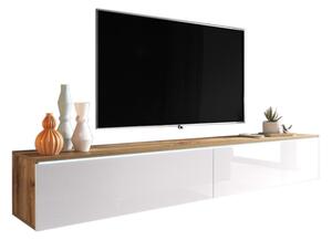 TV stolík MENDES D 180, 180x30x32, dub wotan/biela lesk + LED