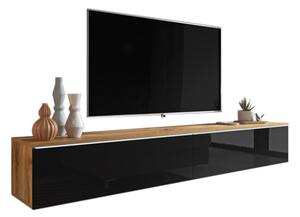 TV stolík MENDES D 180, 180x30x32, dub wotan/čierna lesk + LED
