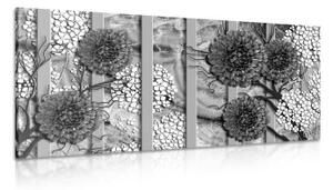 Obraz abstraktné kvety na mramorovom pozadí v čiernobielom prevedení - 100x50