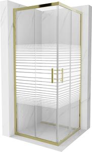 Mexen Rio, štvorcový sprchovací kút s posuvnými dverami 80 (dvere) x 80 (dvere) x 190 cm, 5mm číre sklo s pásikmi, zlatý profil, 860-080-080-50-20