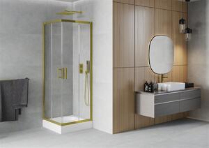 Mexen Rio, štvorcový sprchovací kút s posuvnými dverami 70 (dvere) x 70 (dvere) x 190 cm, 5mm číre sklo, zlatý profil + Rio sprchová vanička s chrómovým sifónom, 860-070-070-50-00-4510