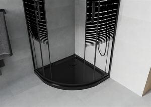 Mexen Rio, štvrťkruhový sprchovací kút s posuvnými dverami 80 (dvere) x 80 (dvere) x 190 cm, 5mm číre sklo s pásikmi, čierny profil + čierna sprchová vanička SLIM, 863-080-080-70-20-4170B