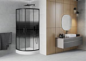 Mexen Rio, štvrťkruhový sprchovací kút s posuvnými dverami 70 (dvere) x 70 (dvere) x 190 cm, 5mm číre sklo s pásikmi, čierny profil + biela sprchová vanička RIO, 863-070-070-70-20-4710