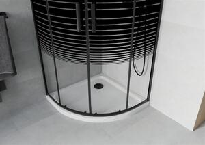 Mexen Rio, štvrťkruhový sprchovací kút s posuvnými dverami 80 (dvere) x 80 (dvere) x 190 cm, 5mm číre sklo s pásikmi, čierny profil + biela sprchová vanička SLIM, 863-080-080-70-20-4110B