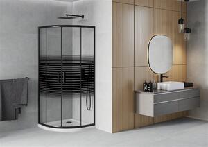 Mexen Rio, štvrťkruhový sprchovací kút s posuvnými dverami 90 (dvere) x 90 (dvere) x 190 cm, 5mm číre sklo s pásikmi, čierny profil + biela sprchová vanička Slim, 863-090-090-70-20-4110B