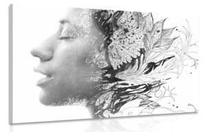 Obraz žena s maľovanými kvetmi v čiernobielom prevedení - 60x40