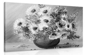 Obraz olejomaľba letných kvetov v čiernobielom prevedení - 120x80