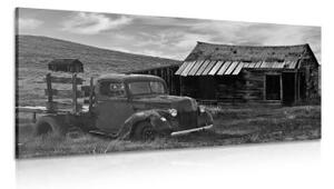 Obraz auto v malebnej prírode v čiernobielom prevedení - 100x50
