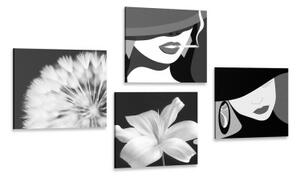 Set obrazov dámy v čiernobielom prevedení - 4x 40x40