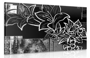 Obraz kvetinová ilustrácia v čiernobielom prevedení - 60x40