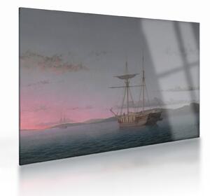Sklenený obraz - Fitz Henry Lane, Lumber Schooners at Evening on Penobscot Bay, reprodukcia (70x50 cm)
