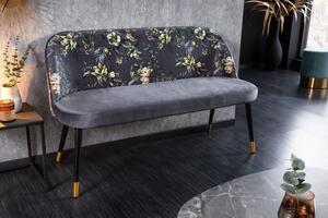 Moderná art-deco čalúnená lavica Floreque do predsiene so sivým zamatovým poťahom s florálnym motívom 130cm