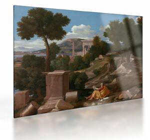 Sklenený obraz - Nicolas Poussin, Landscape with Saint John on Patmos, reprodukcia (70x50 cm)