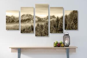 5-dielny obraz zamrznuté hory v sépiovom prevedení - 100x50