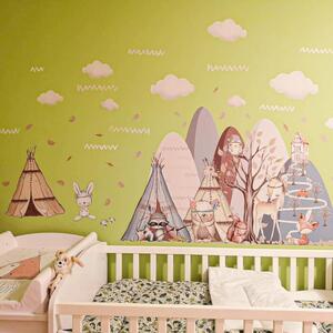 INSPIO-textilná prelepiteľná nálepka - Nálepky na stenu pre deti - Kopce s lesnými zvieratkami