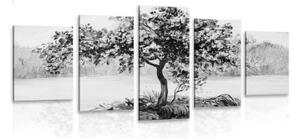 5-dielny obraz orientálna čerešňa v čiernobielom prevedení - 100x50