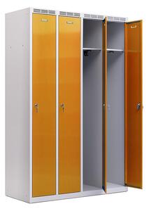 Kovová šatníková skriňa Trestles SS4M 1800 × 1173 × 500 mm, 4 oddiely, žlté dvere Typ zámku: otočný, Podnožka: sokl