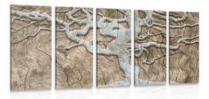 5-dielny obraz abstraktný strom na dreve v béžovom prevedení - 100x50