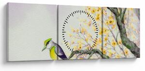 Obraz - Akvarelový vtáčik na strome (s hodinami) (90x30 cm)