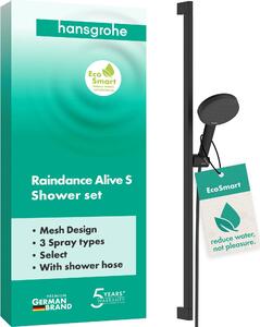Hansgrohe Raindance Alive Select S sprchová súprava 24601670 3 druhy prúdu šetriace vodu so sprchovou lištou Unica E Puro 90 cm a držiakom sprchovej hlavice Easy Slide, matná čierna