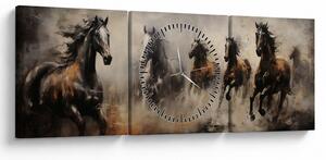 Obraz - Olejomaľba koní (s hodinami) (90x30 cm)