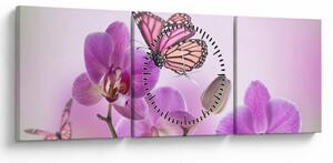 Obraz - Motýľ na kvetoch orchidey, lila (s hodinami) (90x30 cm)