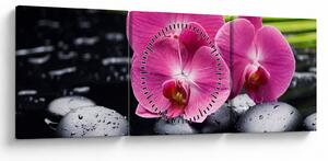 Obraz - Ružové orchidey s palmovým listom (s hodinami) (90x30 cm)