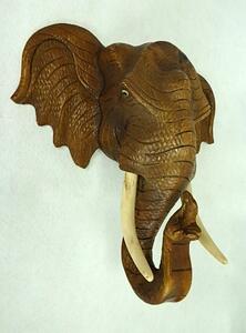 Závesná dekorácia Slon, hnedá, drevo Suar, ručná práca (Slonia hlava na stenu)