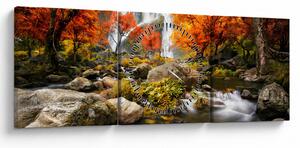 Obraz - Vodopády v jesennej krajine, oranžový (s hodinami) (90x30 cm)