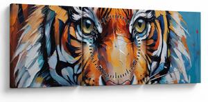 Obraz - Pohľad tigra, maľba (s hodinami) (90x30 cm)