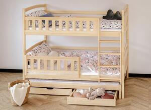 Detská poschodová posteľ z masívu borovice BOHDANA s prístelkou a šuplíky - 200x90 cm - PRÍRODNÁ BOROVICA