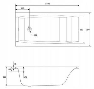 Cersanit Virgo akrylátová vaňa 140x75cm + nožičky, biela, S301-047