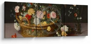 Obraz - Jan Brueghel the Elder, Flowers in a Basket and a Vase, reprodukcia (s hodinami) (90x30 cm)