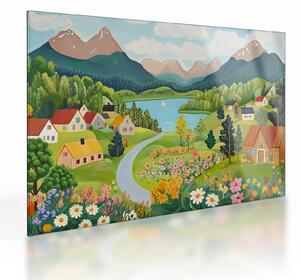 Sklenený obraz - Dedina v horách (70x50 cm)