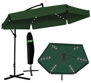 Zelený záhradný slnečník so stojanom a LED osvetlením
