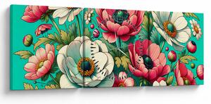 Obraz - Kvety na modrom pozadí (s hodinami) (90x30 cm)