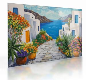 Sklenený obraz - Grécka ulička (70x50 cm)