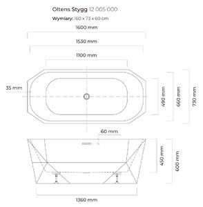 Oltens Stygg voľne stojaca vaňa 160x73 cm oválne biela 12005000