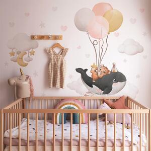 Detská nálepka na stenu Tiny world - veľryba a tigrík s balónmi