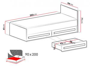 Jednolôžková posteľ 90x200 TUCHIN - biela / lesklá biela / sivá